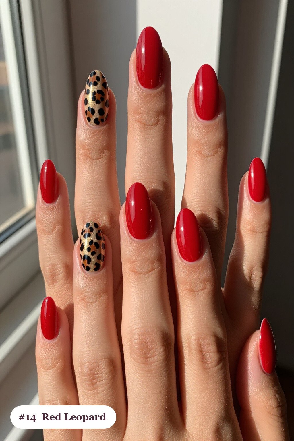 Leopard Print Accents on Medium Almond Red Nails - red nails halloween