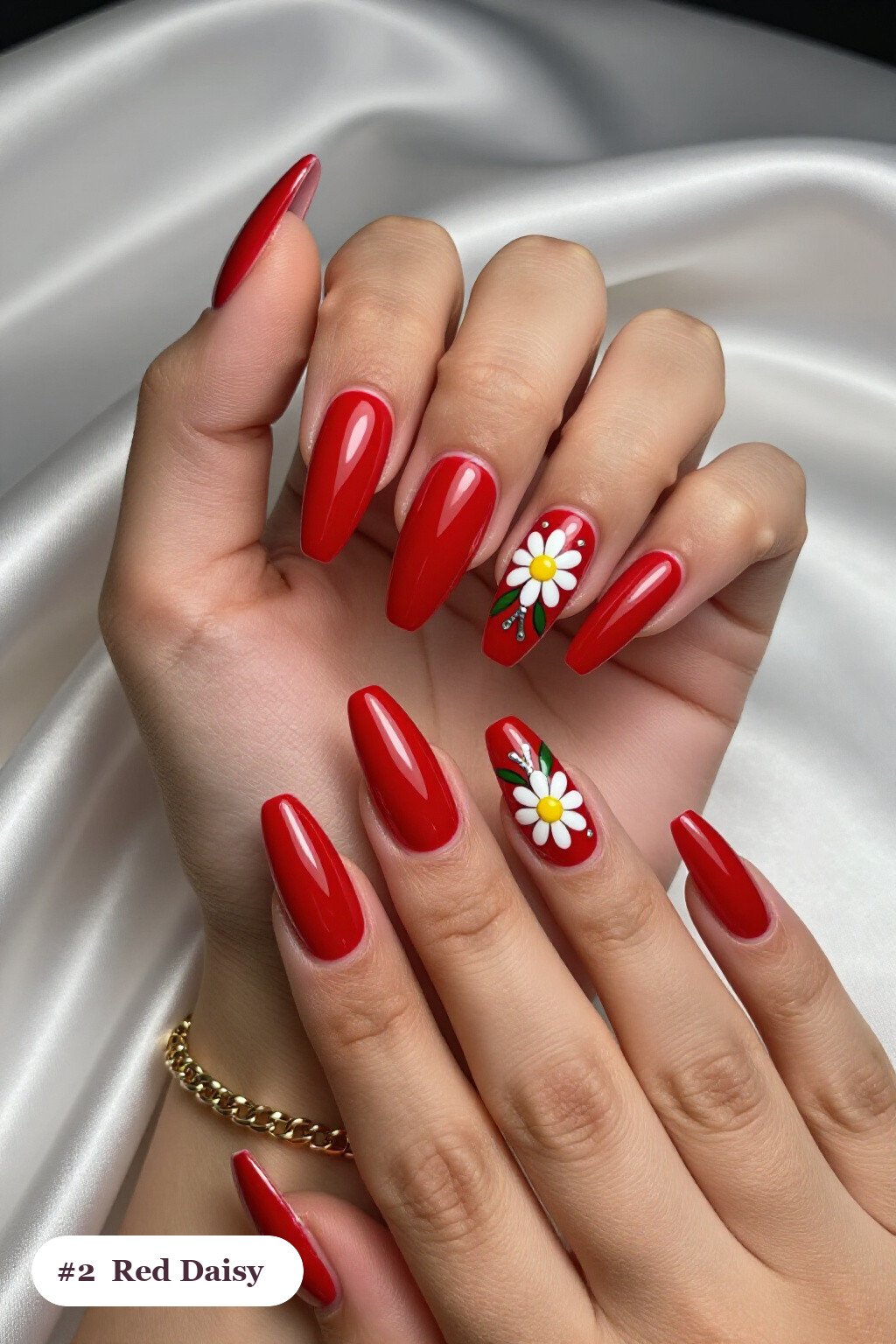Daisy‑Adorned Long Square Red Nails with Silver Chrome Accents - red nails halloween