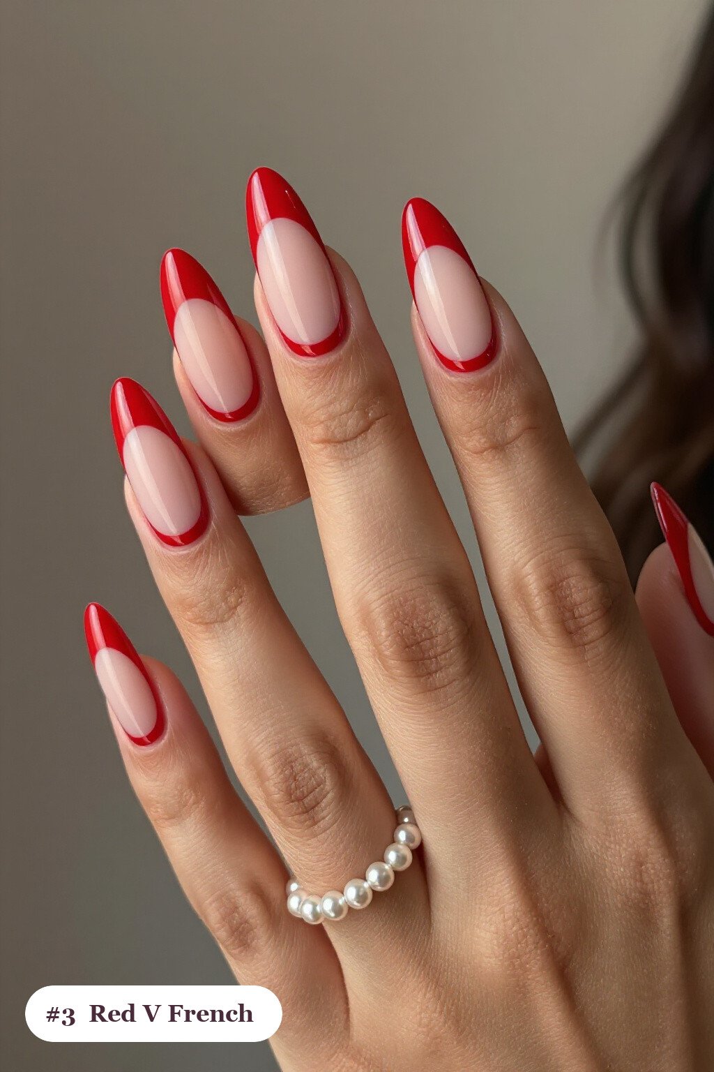 Red Nails Halloween: Long Almond with Bold V‑French Contrast - red nails halloween
