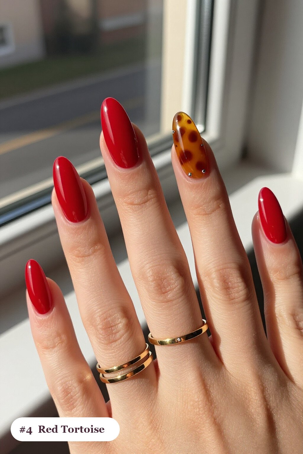 Glossy Amber Tortoiseshell Accent on Medium Almond Red Nails - red nails halloween
