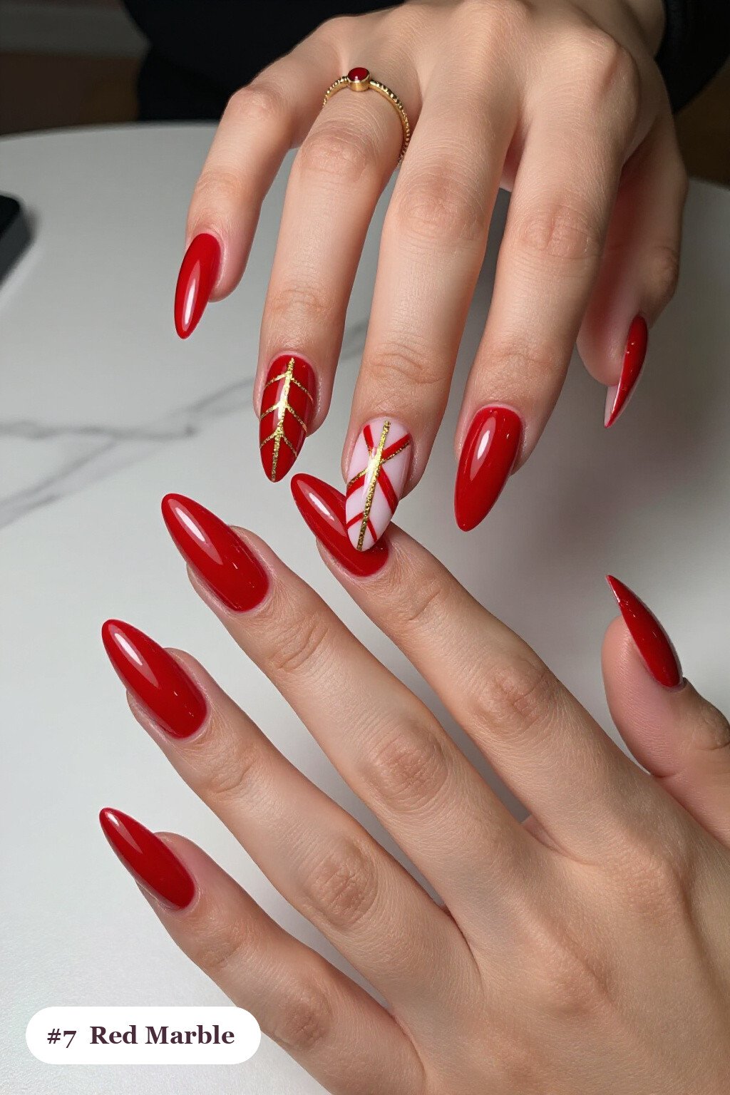 Marble‑Veined Long Stiletto Red Nails with Gold Accents - red nails halloween
