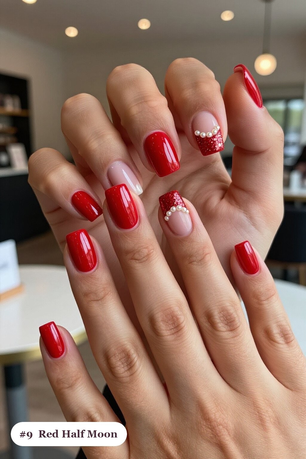 Half‑Moon Glitter Crescent on Short Square Red Nails - red nails halloween