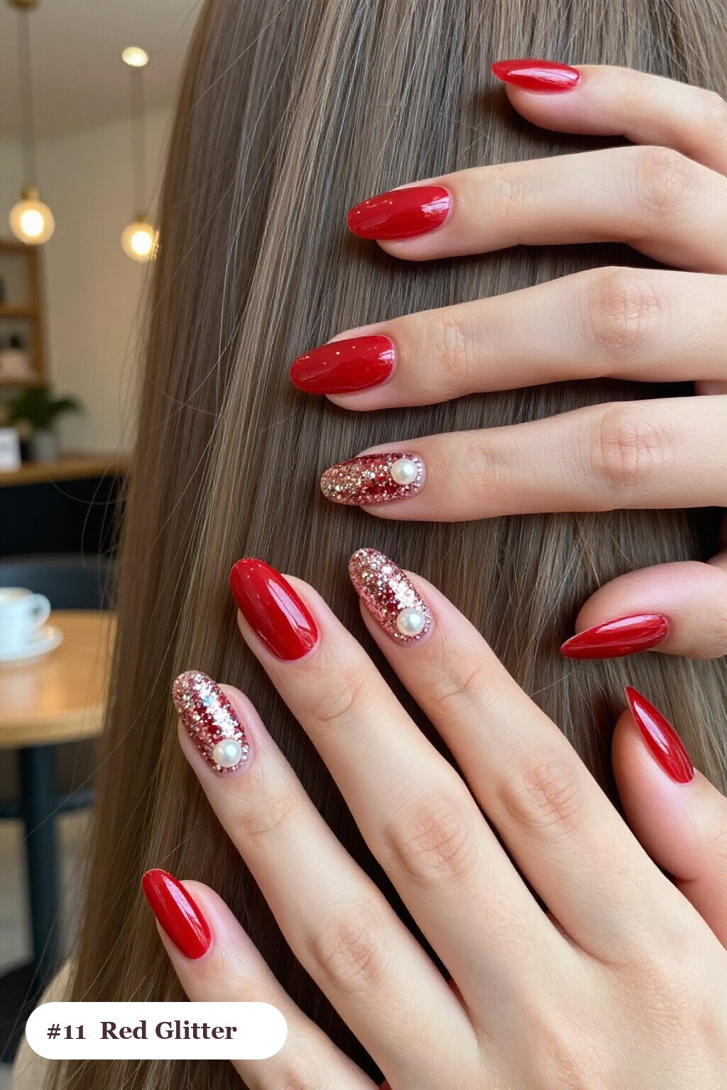 Medium Coffin Red Nails with Glitter Gradient and Pearl Details - red nails holiday Medium Coffin Red Nails with Glitter Gradient and Pearl Details - red nails holiday