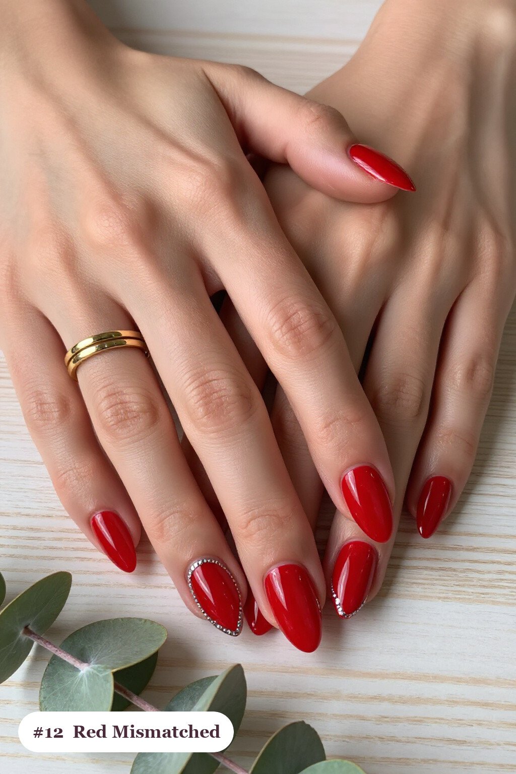 Almond Red Nails Mismatched Patterns Unified by Silver Chrome Details - red nails holiday Almond Red Nails Mismatched Patterns Unified by Silver Chrome Details - red nails holiday