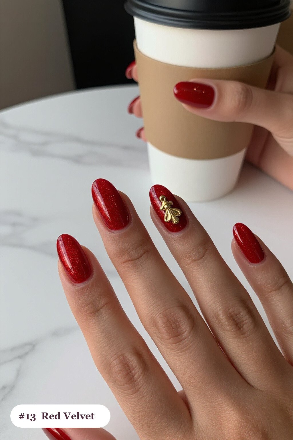Velvet Shimmer Red Nails Holiday: Oval Shape with Gold Charm Accent - red nails holiday Velvet Shimmer Red Nails Holiday: Oval Shape with Gold Charm Accent - red nails holiday