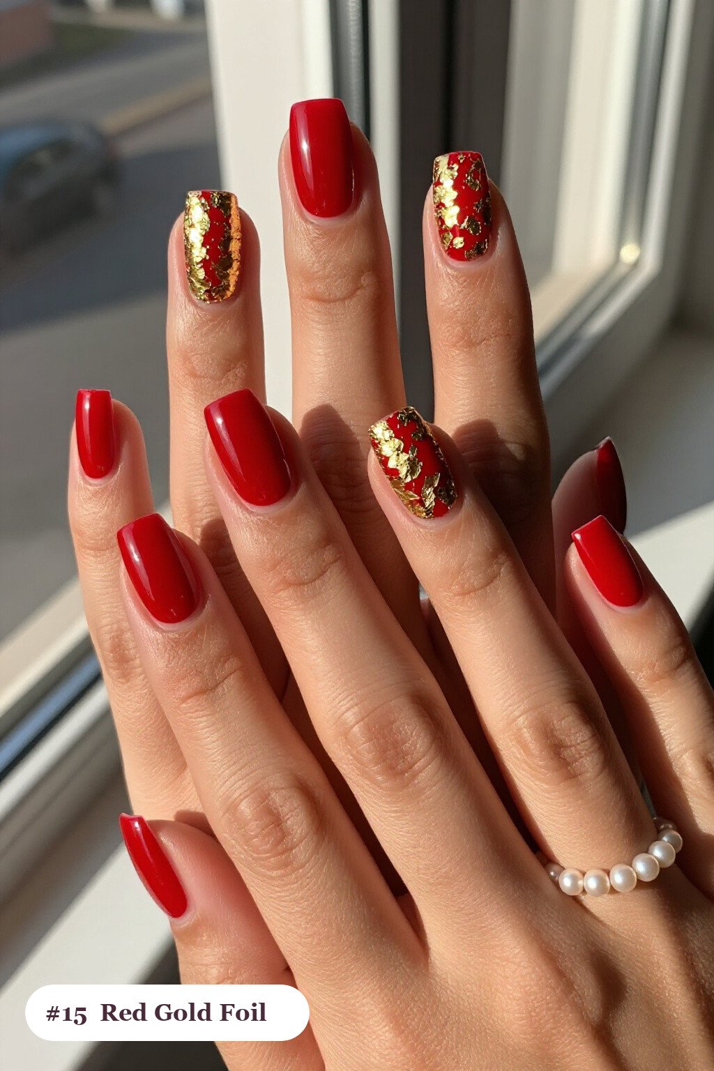 Short Square Red Nails with Gold Foil Flakes: On Short Nails - red nails holiday Short Square Red Nails with Gold Foil Flakes: On Short Nails - red nails holiday