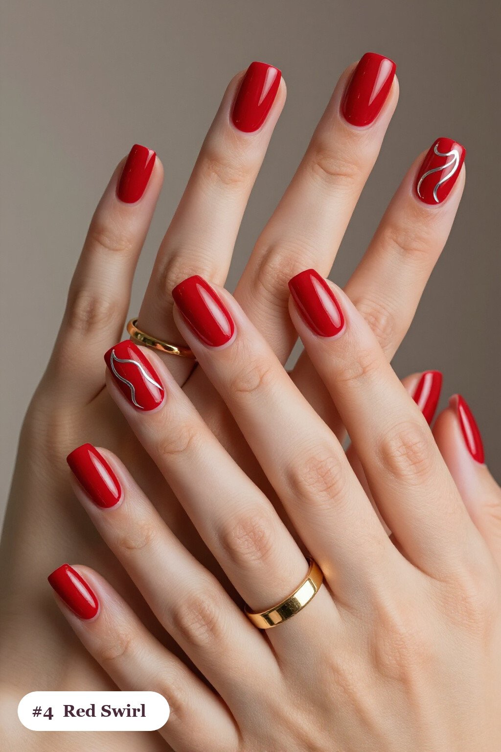 Square Red Nails with Bold Contrasting Swirl Lines and Silver Chrome Accents - red nails holiday Square Red Nails with Bold Contrasting Swirl Lines and Silver Chrome Accents - red nails holiday
