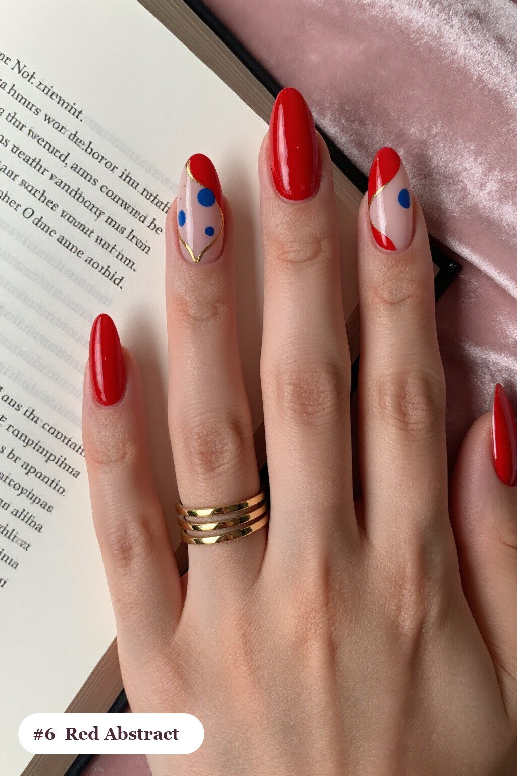 Long Coffin Red Nails Showcasing Abstract Color Blobs, Gold Outlines, Nude Details - red nails holiday Long Coffin Red Nails Showcasing Abstract Color Blobs, Gold Outlines, Nude Details - red nails holiday