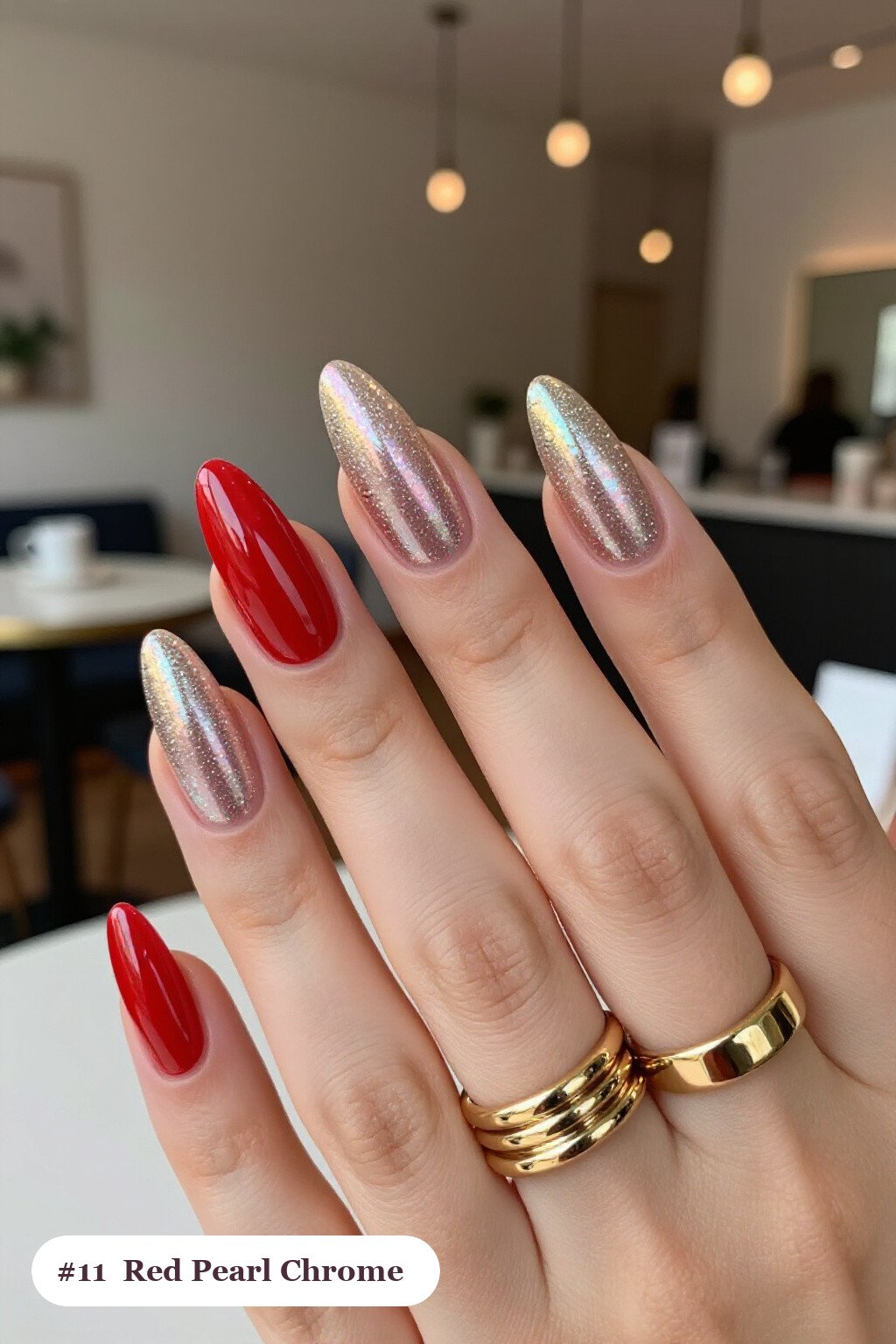 Glazed Pearl Chrome Iridescent Long Almond Red Nails with Champagne Highlights - red nails long Glazed Pearl Chrome Iridescent Long Almond Red Nails with Champagne Highlights - red nails long