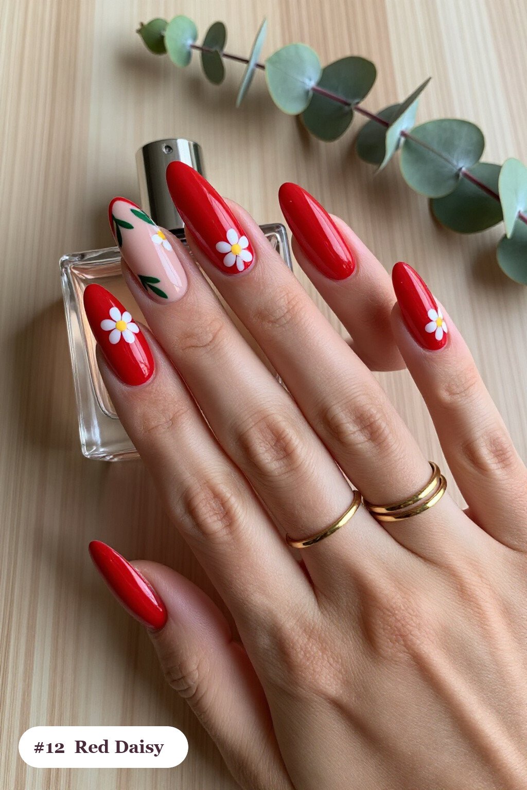 Floral Daisies & Green Leaves on Long Almond Red Nails with Soft Nude Touches - red nails long Floral Daisies & Green Leaves on Long Almond Red Nails with Soft Nude Touches - red nails long