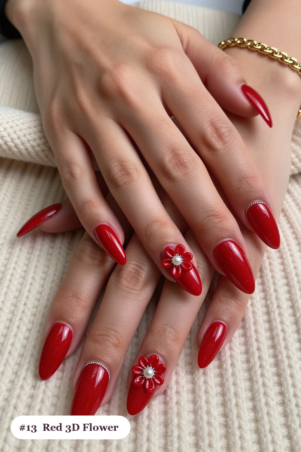 Raised 3D Pearl‑Center Flowers on Long Almond Red Nails with Silver Accents - red nails long Raised 3D Pearl‑Center Flowers on Long Almond Red Nails with Silver Accents - red nails long
