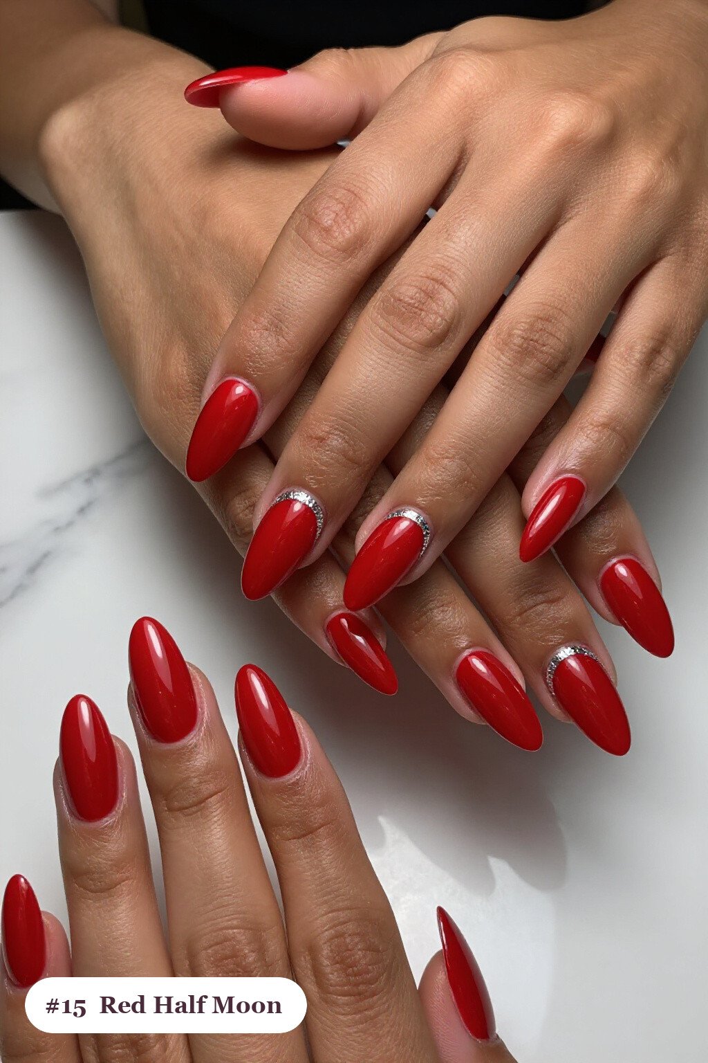 Half‑Moon Glitter Crescent Long Almond Red Nails with Silver Chrome Finishes - red nails long Half‑Moon Glitter Crescent Long Almond Red Nails with Silver Chrome Finishes - red nails long