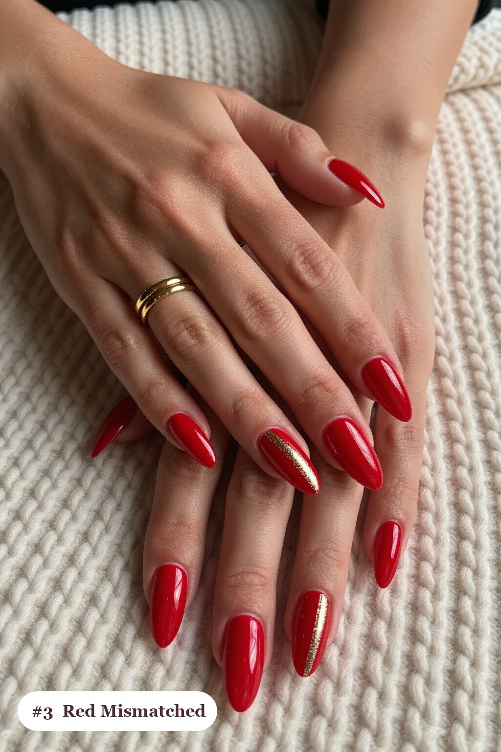 Mismatched Long Almond Red Nails with Pattern Play and Champagne Highlights - red nails long Mismatched Long Almond Red Nails with Pattern Play and Champagne Highlights - red nails long