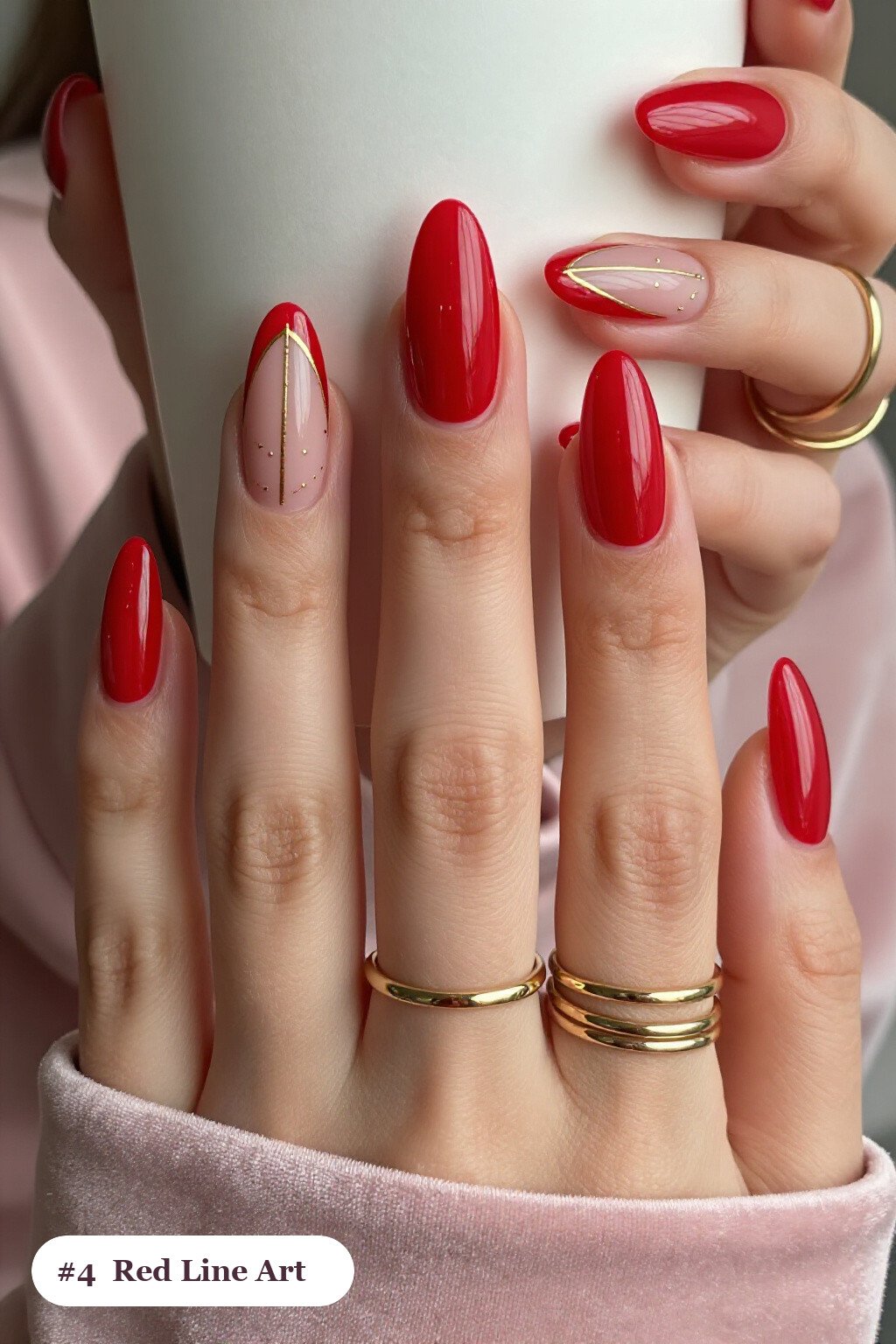 Delicate Gold Line Art & Tiny Dots on Long Almond Red Nails with Nude Touches - red nails long Delicate Gold Line Art & Tiny Dots on Long Almond Red Nails with Nude Touches - red nails long