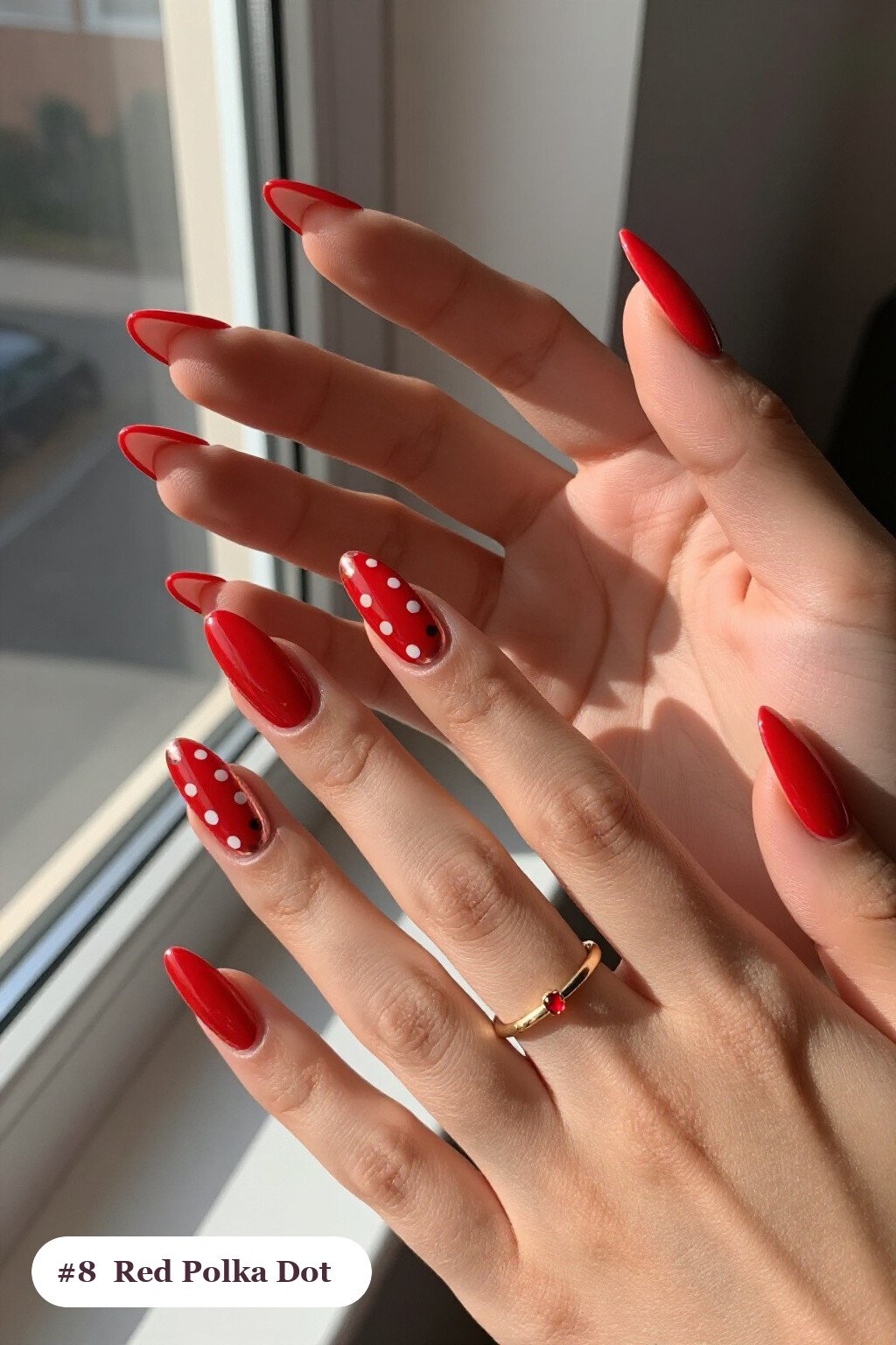 Playful Two‑Colour Polka Dot Long Almond Red Nails Featuring Rose Gold Details - red nails long Playful Two‑Colour Polka Dot Long Almond Red Nails Featuring Rose Gold Details - red nails long