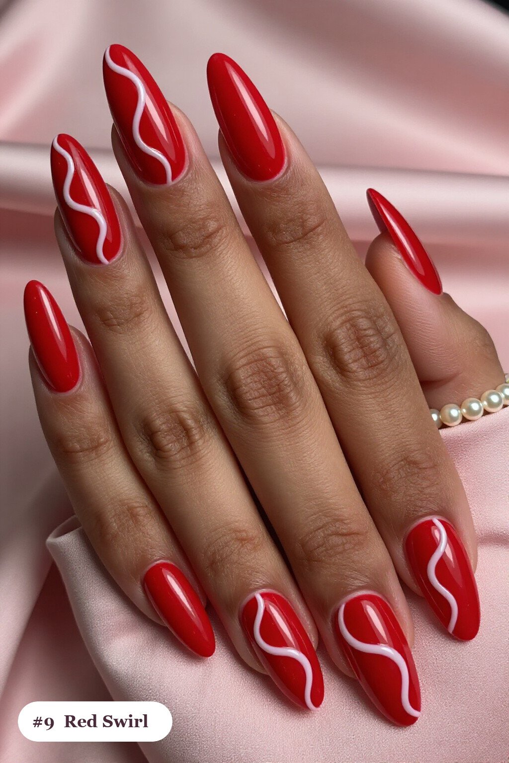 Bold Hand‑Painted Swirl Lines on Long Almond Red Nails with Pearl Accents - red nails long Bold Hand‑Painted Swirl Lines on Long Almond Red Nails with Pearl Accents - red nails long