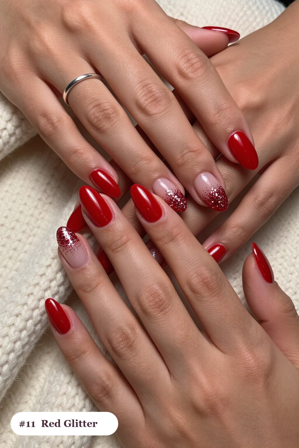 Glitter Gradient Rising from Cuticle on Almond Red Nails with Silver Details - red nails short