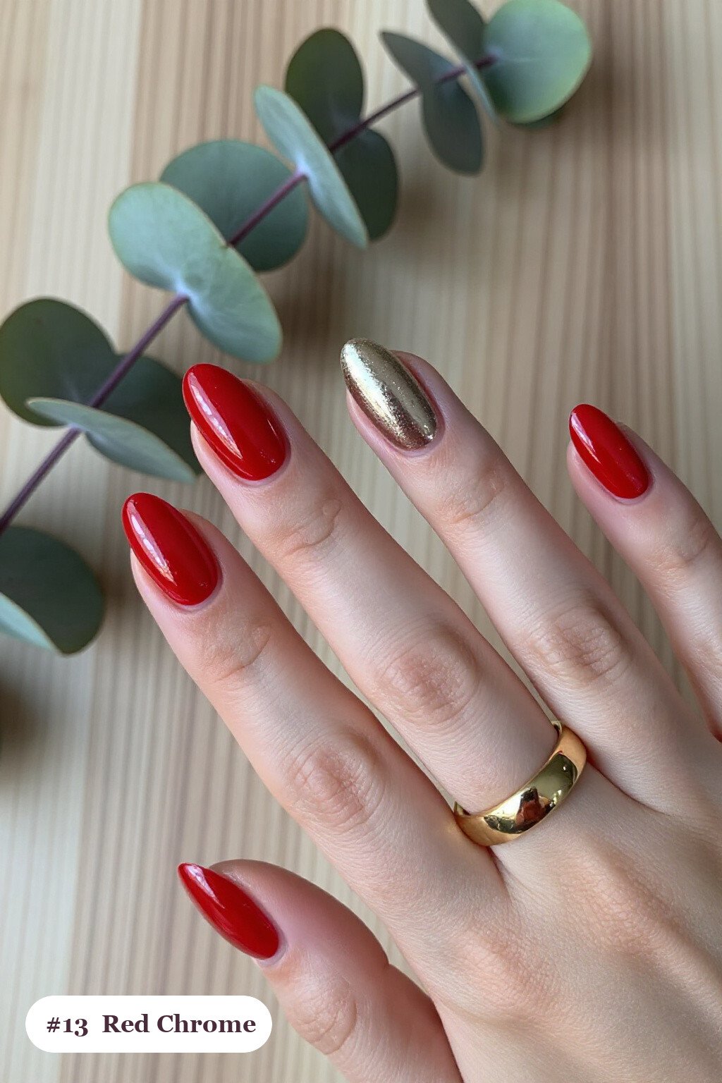 Liquid Chrome Mirror Finish on Almond Red Nails with Bright Metallic Highlights and Champagne Details - red nails short