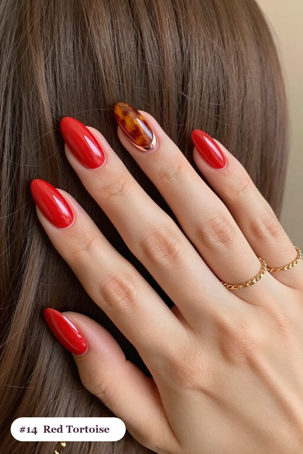 Amber Tortoiseshell Accent Red Nails Short with Rose Gold Details: On Short Nails - red nails short