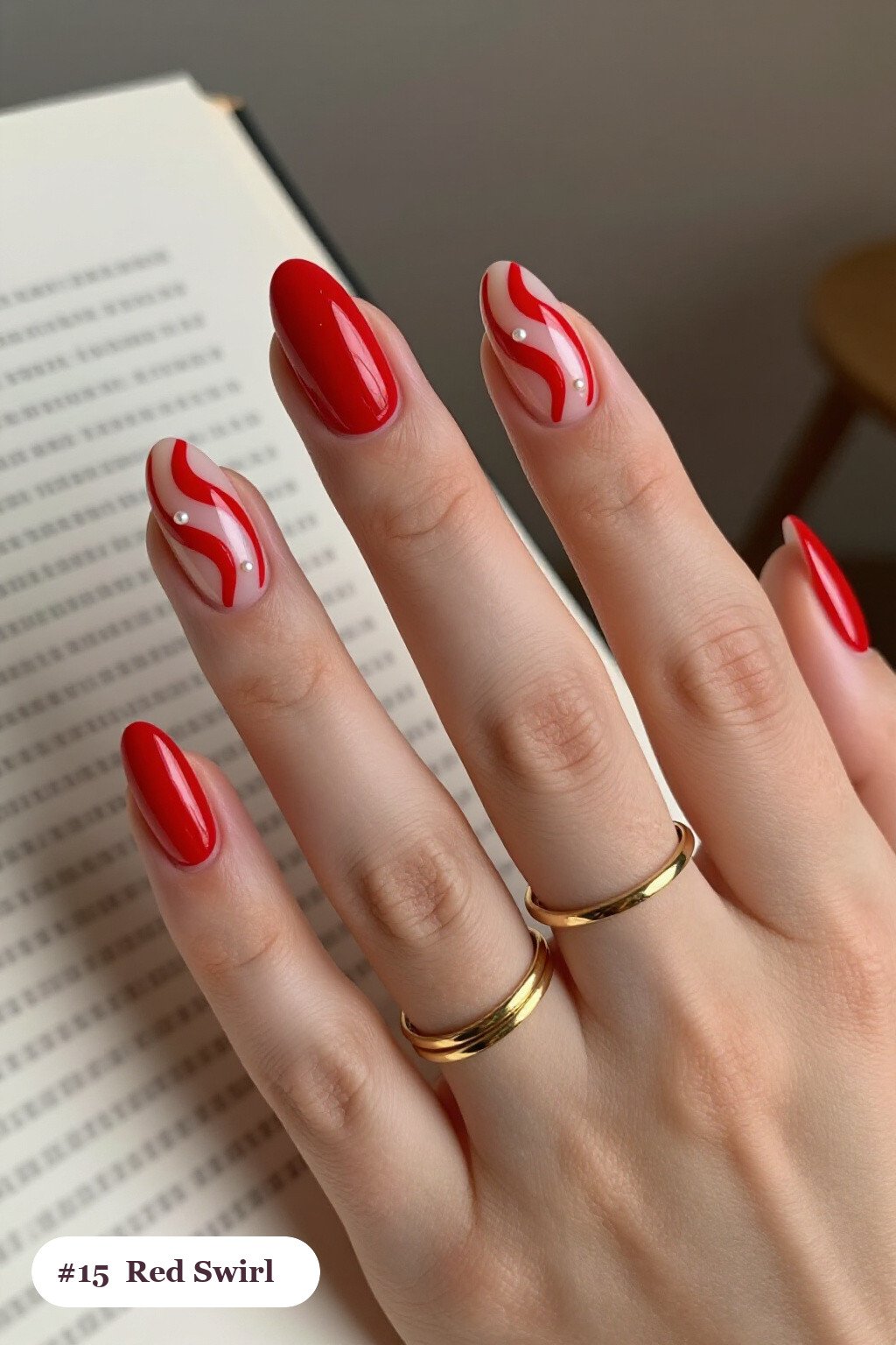Hand‑Painted Swirl Lines in Contrasting Color on Almond Red Nails with Pearl Details - red nails short