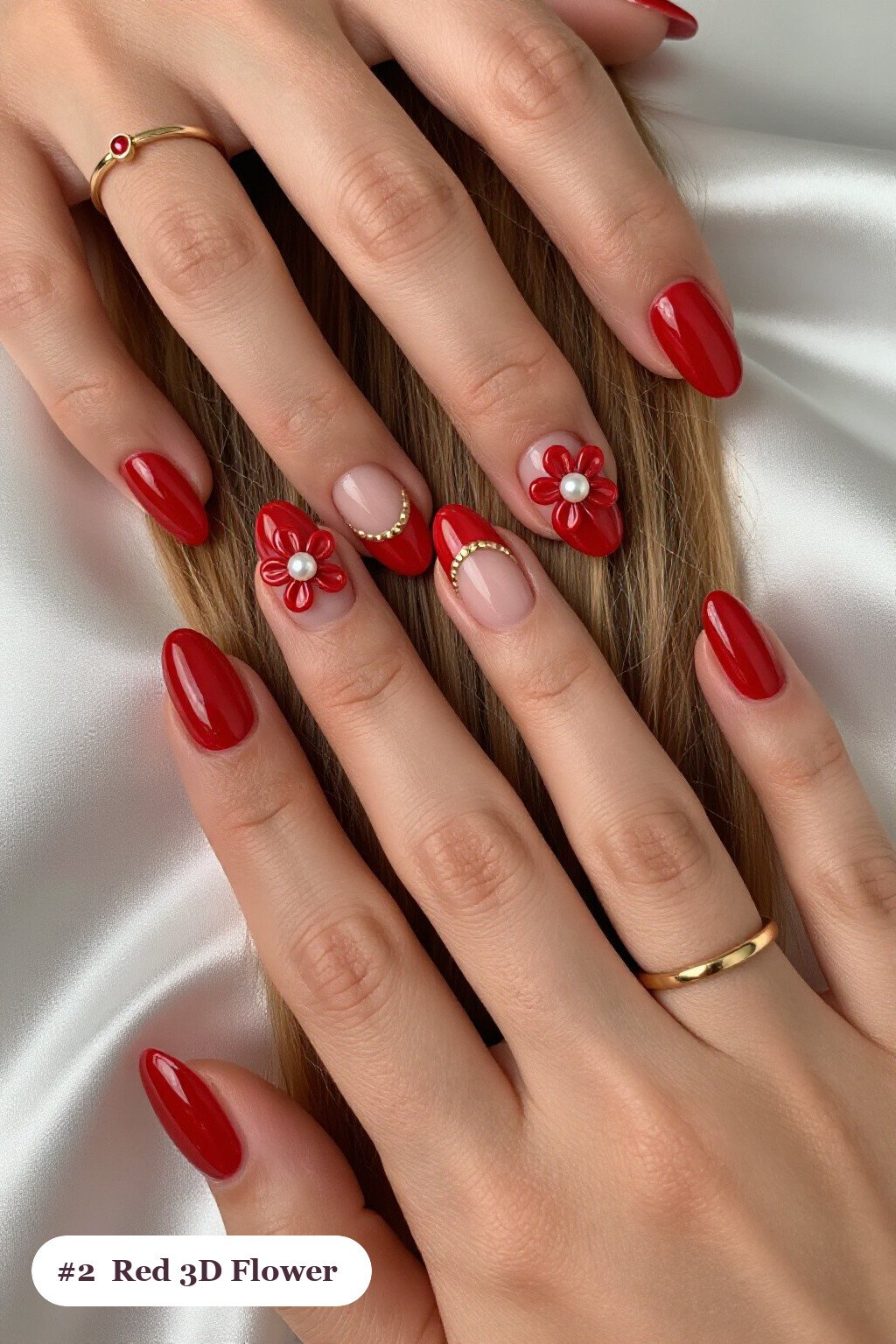Almond Red Manicure with 3D Flowers, Pearl Centers and Gold Accents - red nails short
