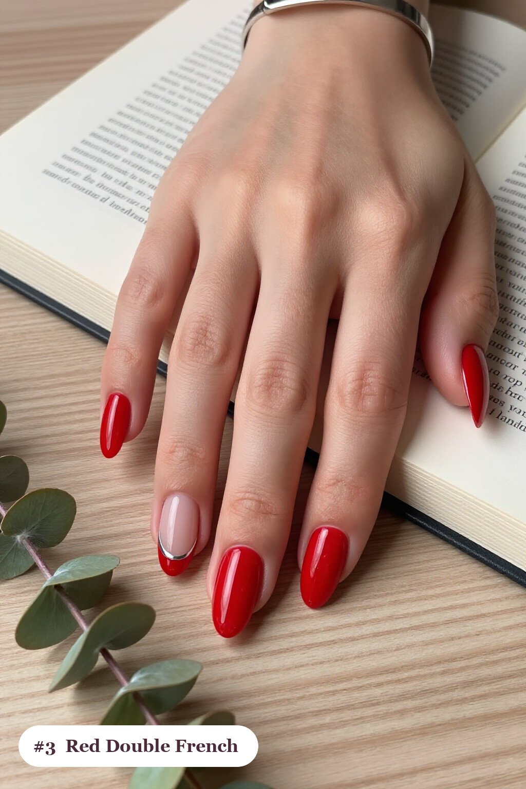 Double‑Line French Tips on Almond Red Nails with Silver Details - red nails short