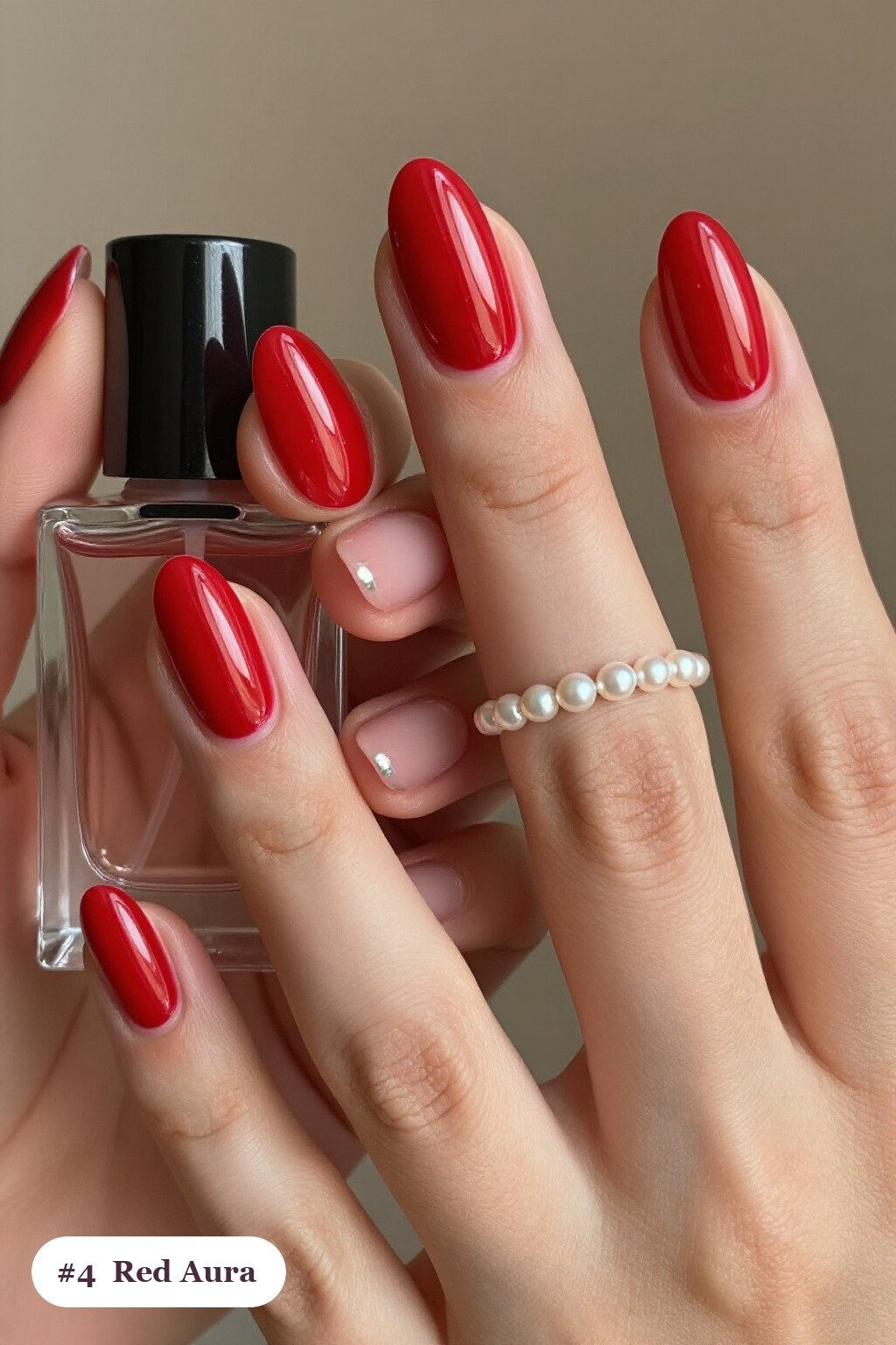 Glowing Airbrushed Aura Centerpiece on Almond Red Nails with Silver Chrome Accents - red nails short