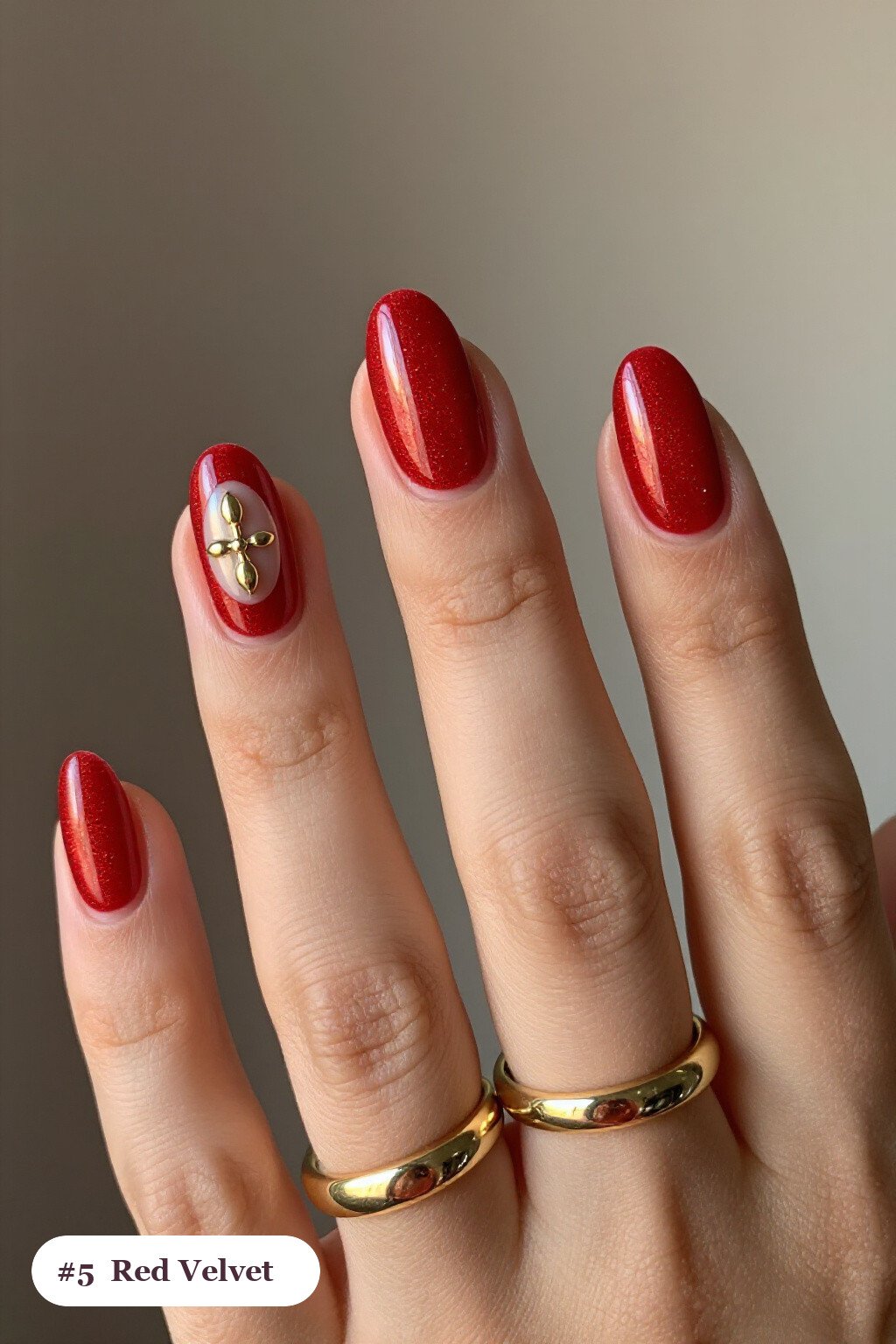 Velvet Shimmer Almond Red Nails with One Glossy Accent and Champagne Details - red nails short