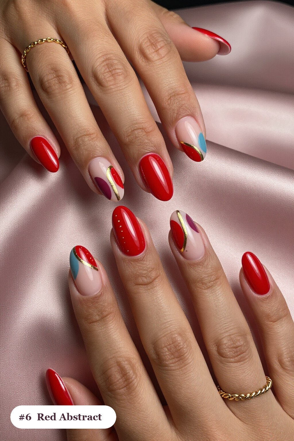 Abstract Red Nails Short with Gold Outlines and Dots: Best Shades for Every Season - red nails short