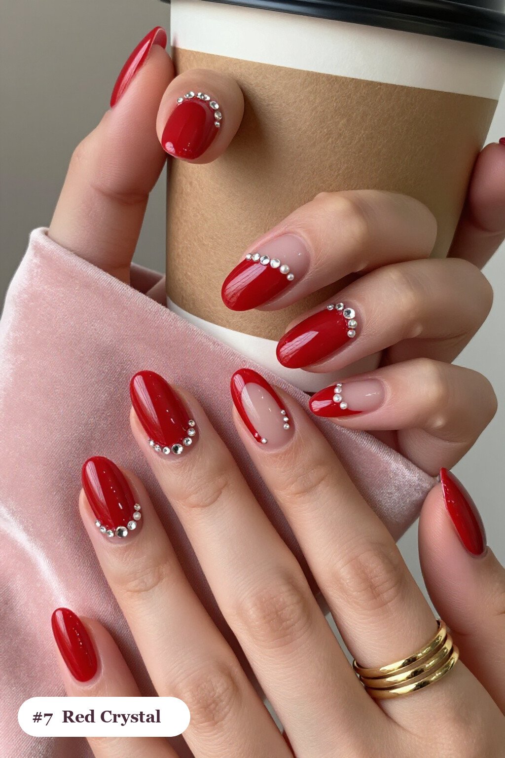 Crystal Rhinestone Row Along Cuticle of Almond Red Nails with Pearl Details - red nails short