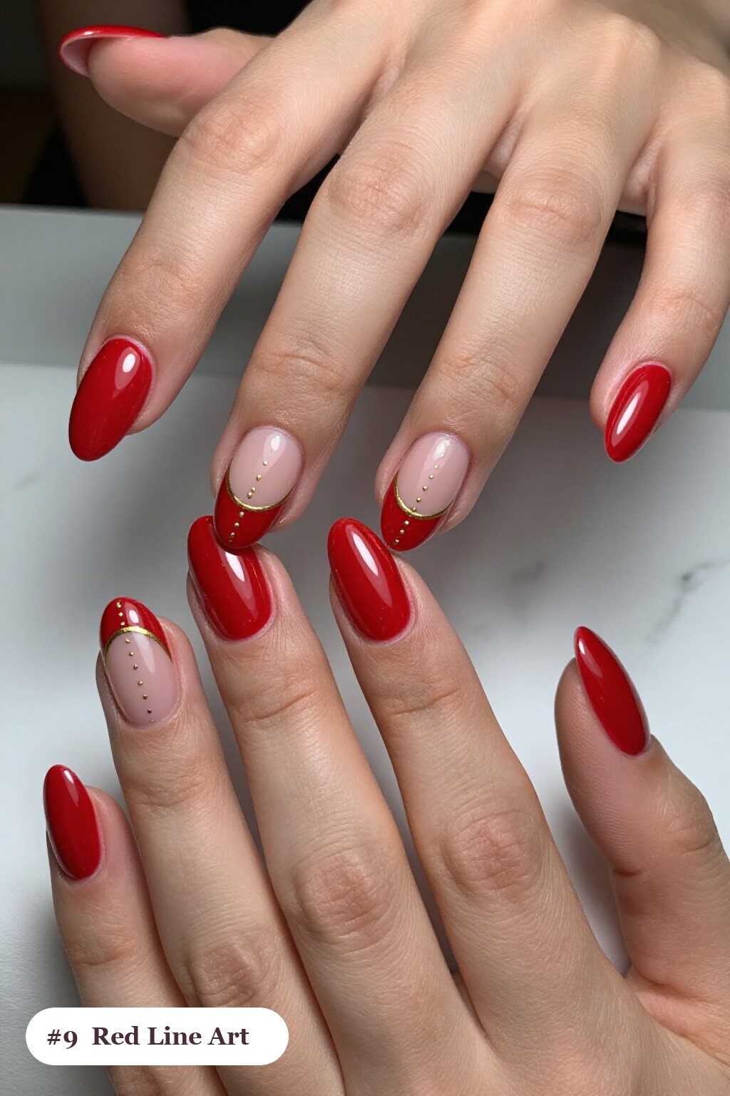 Fine Gold Line Art and Tiny Dots on Almond Red Nails with Soft Nude Details - red nails short