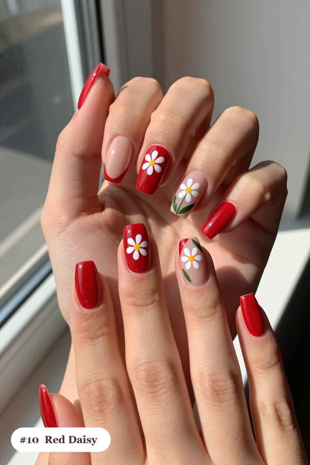 Hand‑Painted Daisy & Leaf Red Square Nails with Nude Details - red nails square
