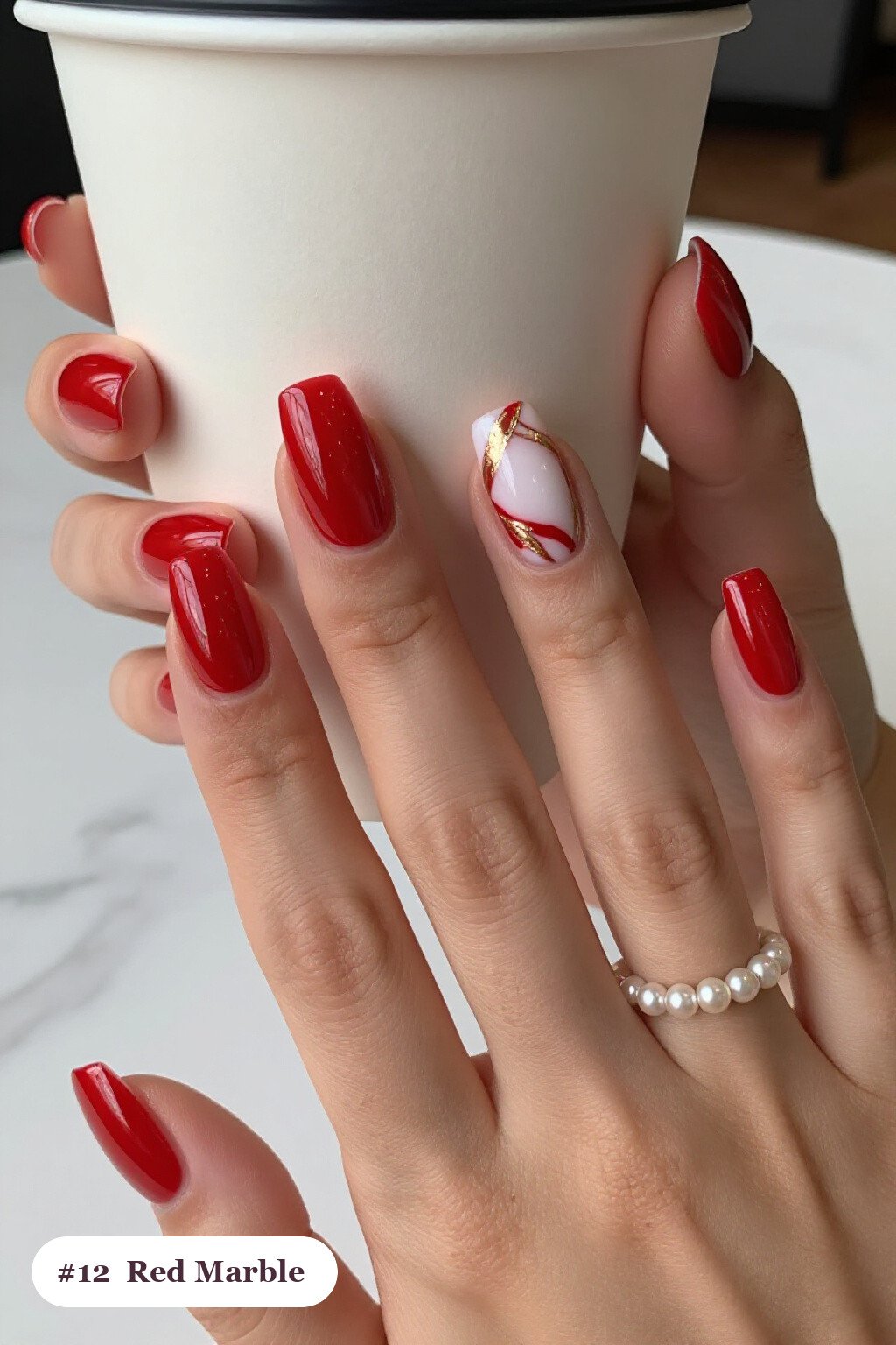 Marble Vein Red Square Nails in White and Gold - red nails square