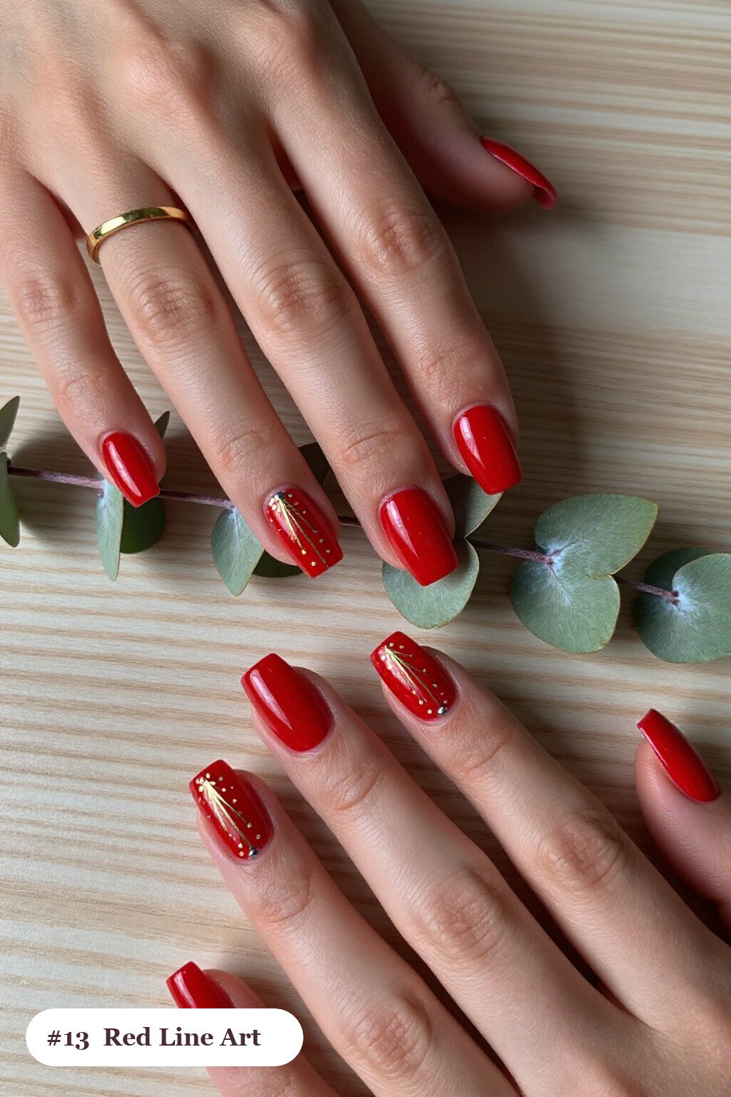 Gold Line Art Red Nails Square with Silver Chrome Details - red nails square
