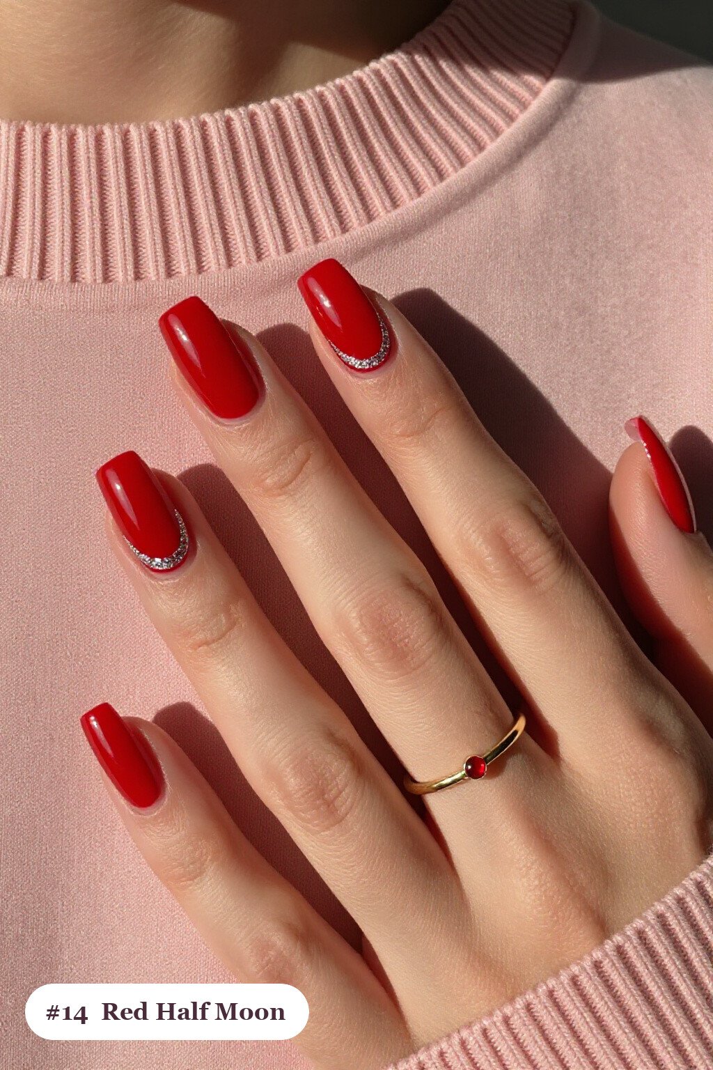 Half‑Moon Glitter Crescent Red Square Nails with Silver Accents - red nails square