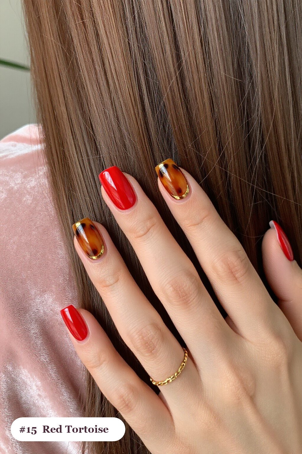 Amber Tortoiseshell Accent Red Square Nails with Gold Details: On Short Nails - red nails square