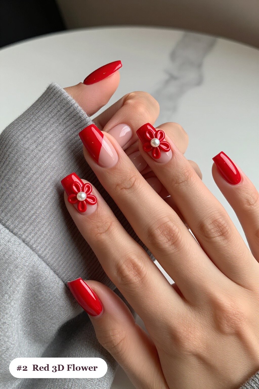 3D Floral Accent Red Square Nails with Soft Nude Touches - red nails square