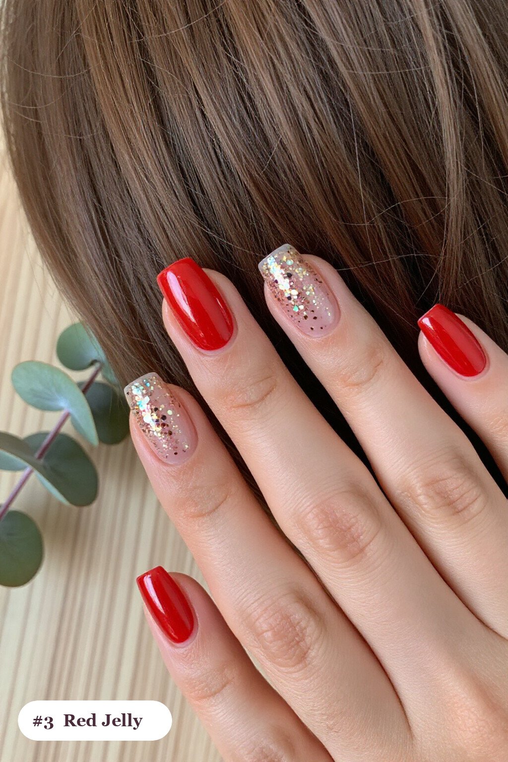 Jelly‑Clear Red Nails Square with Encapsulated Glitter - red nails square