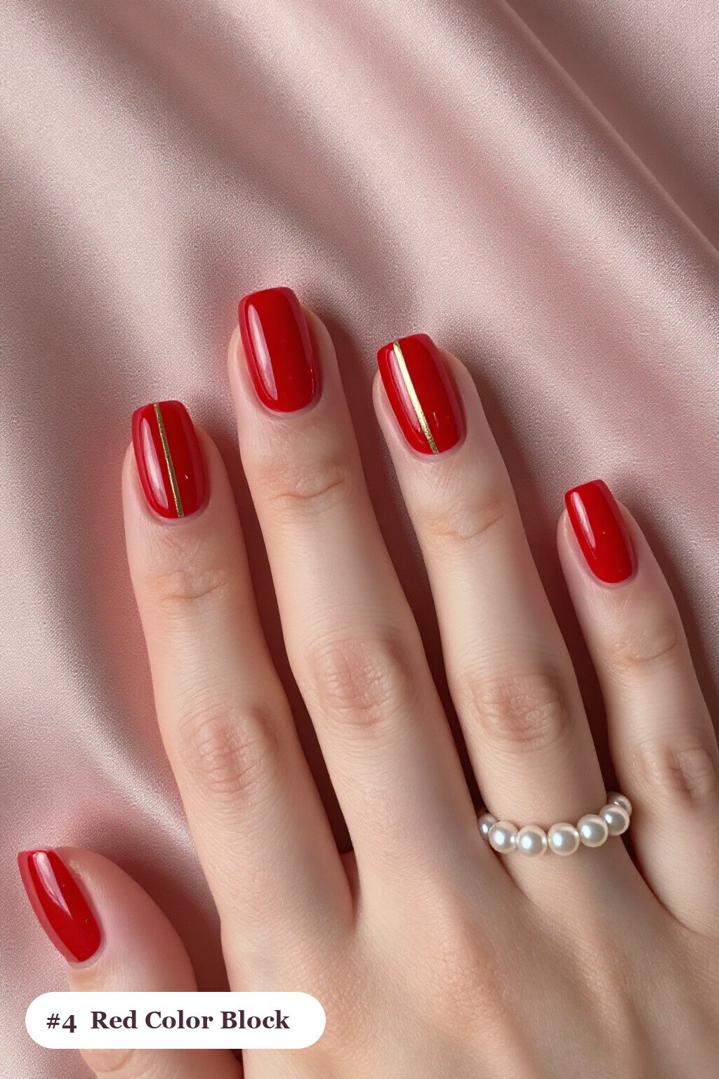 Diagonal Colour‑Block Red Square Nails with Thin Gold Line - red nails square
