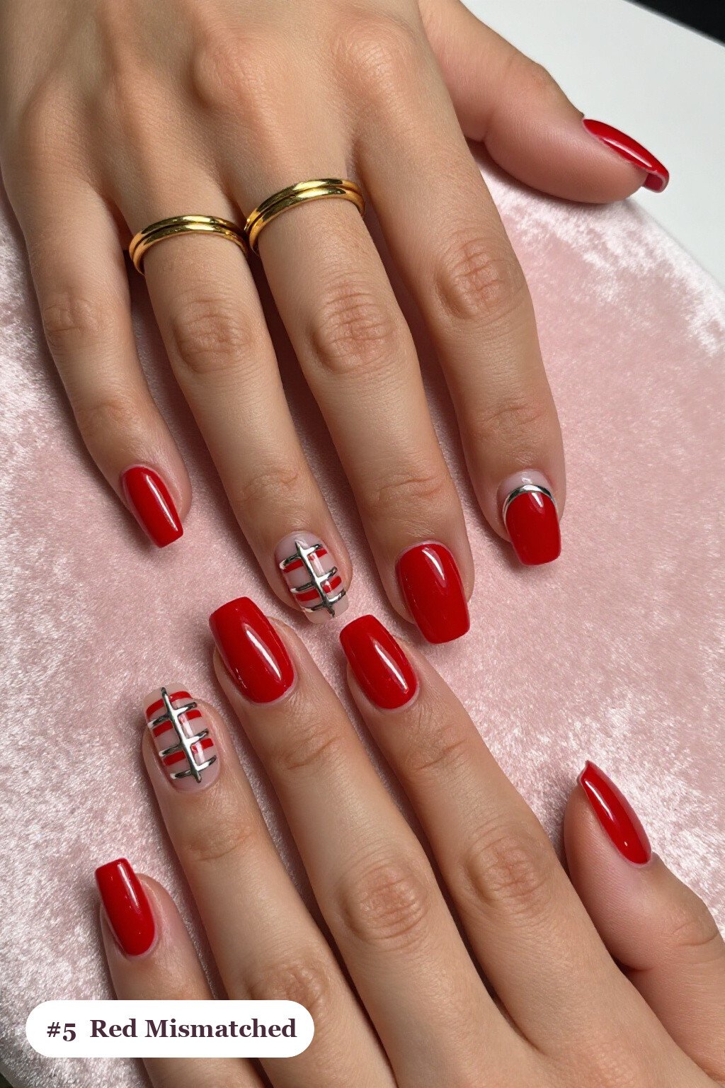 Mismatched Pattern Red Square Nails in a Unified Colour Story - red nails square