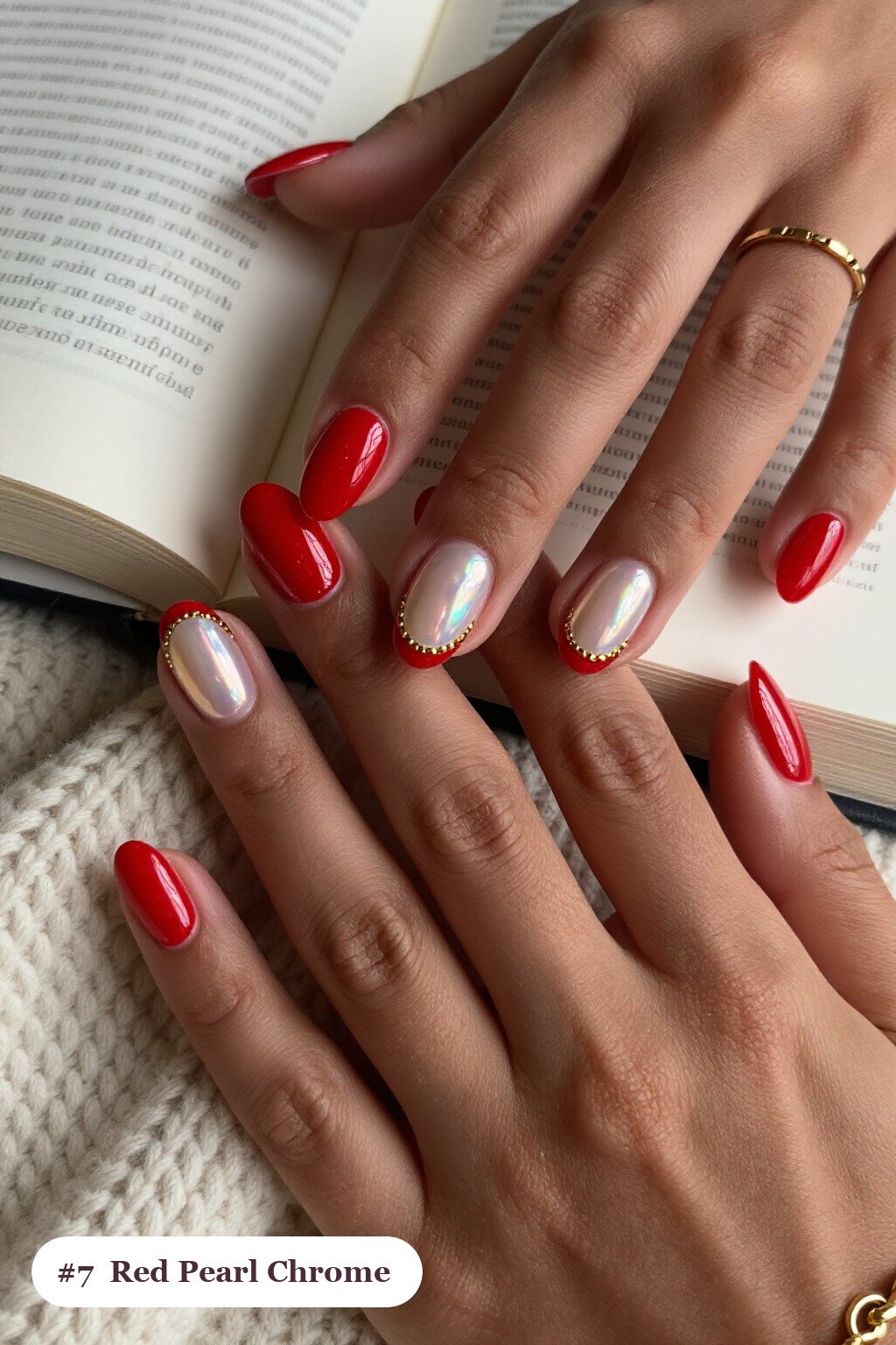 Glazed Pearl Chrome Red Square Nails with Gold Highlights - red nails square