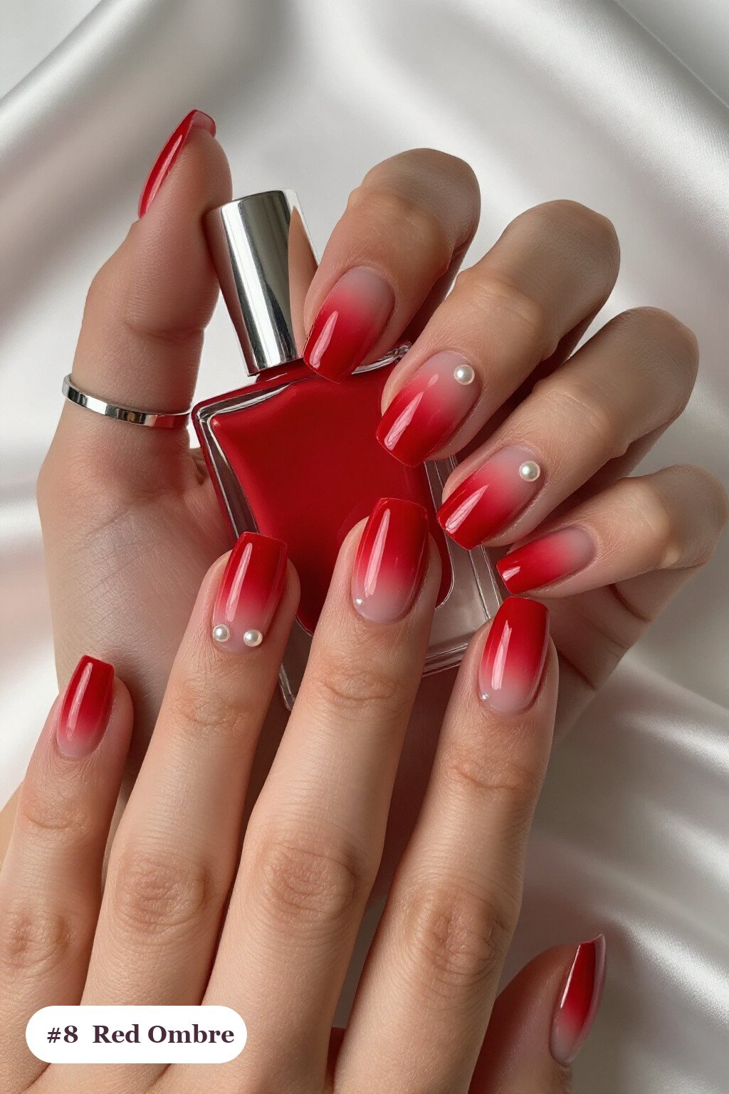 Two‑Tone Ombre Red Nails Square with Pearl Accents - red nails square