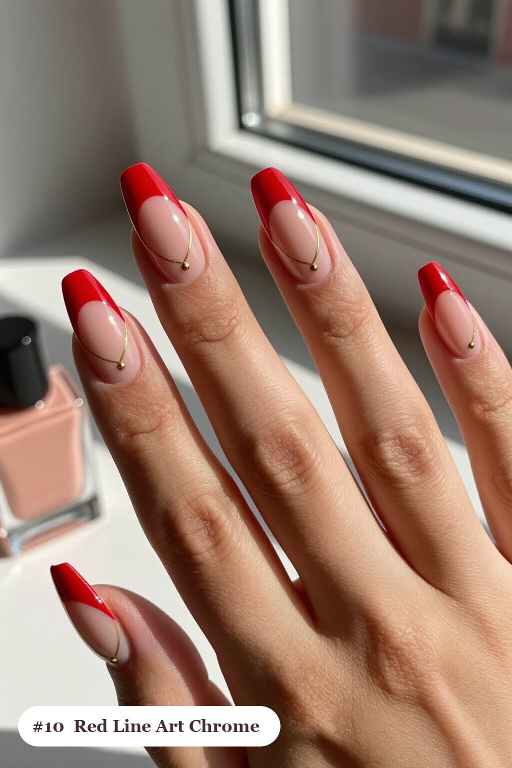 Long square red chrome nails with a liquid chrome mirror finish clearly visible on every nail, styled with fine gold line art and tiny dots drawn across every nail, with soft nude details - red nails with chrome Long square red chrome nails with a liquid chrome mirror finish clearly visible on every nail, styled with fine gold line art and tiny dots drawn across every nail, with soft nude details - red nails with chrome