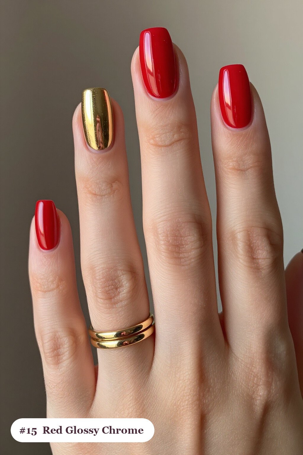 Medium square red chrome nails with a liquid chrome mirror finish clearly visible on every nail, styled with a flawless mirror-glossy full-colour finish, with gold details - red nails with chrome Medium square red chrome nails with a liquid chrome mirror finish clearly visible on every nail, styled with a flawless mirror-glossy full-colour finish, with gold details - red nails with chrome