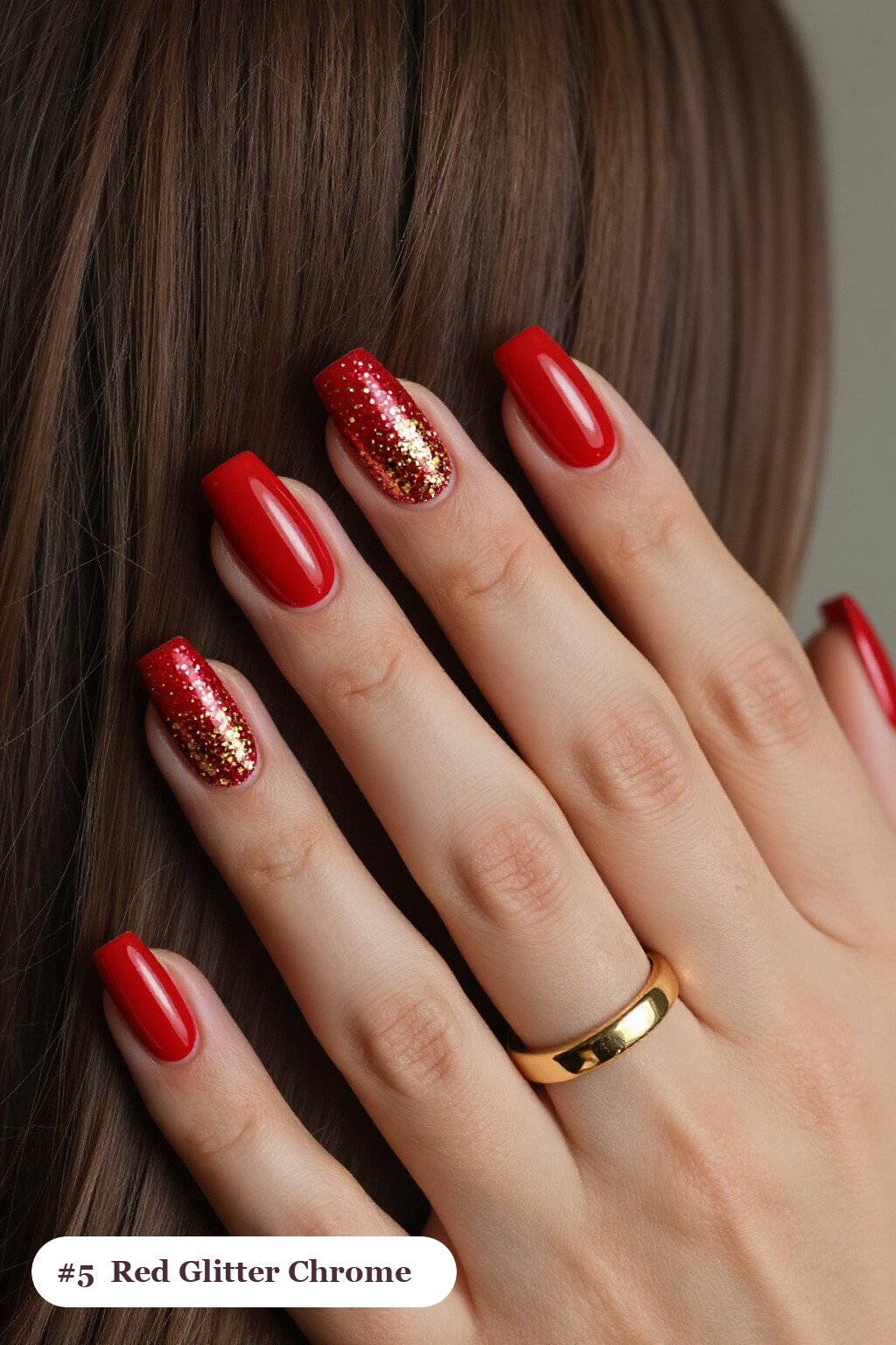 Medium square red chrome nails with a liquid chrome mirror finish clearly visible on every nail, styled with a sparkling glitter gradient rising from the cuticle, with gold details - red nails with chrome Medium square red chrome nails with a liquid chrome mirror finish clearly visible on every nail, styled with a sparkling glitter gradient rising from the cuticle, with gold details - red nails with chrome