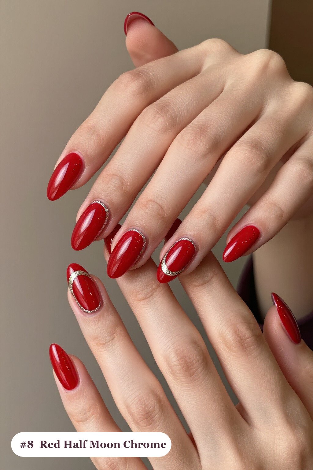 Long coffin red chrome nails with a liquid chrome mirror finish clearly visible on every nail, styled with a half-moon design with a glitter crescent at the cuticle, with champagne details - red nails with chrome Long coffin red chrome nails with a liquid chrome mirror finish clearly visible on every nail, styled with a half-moon design with a glitter crescent at the cuticle, with champagne details - red nails with chrome