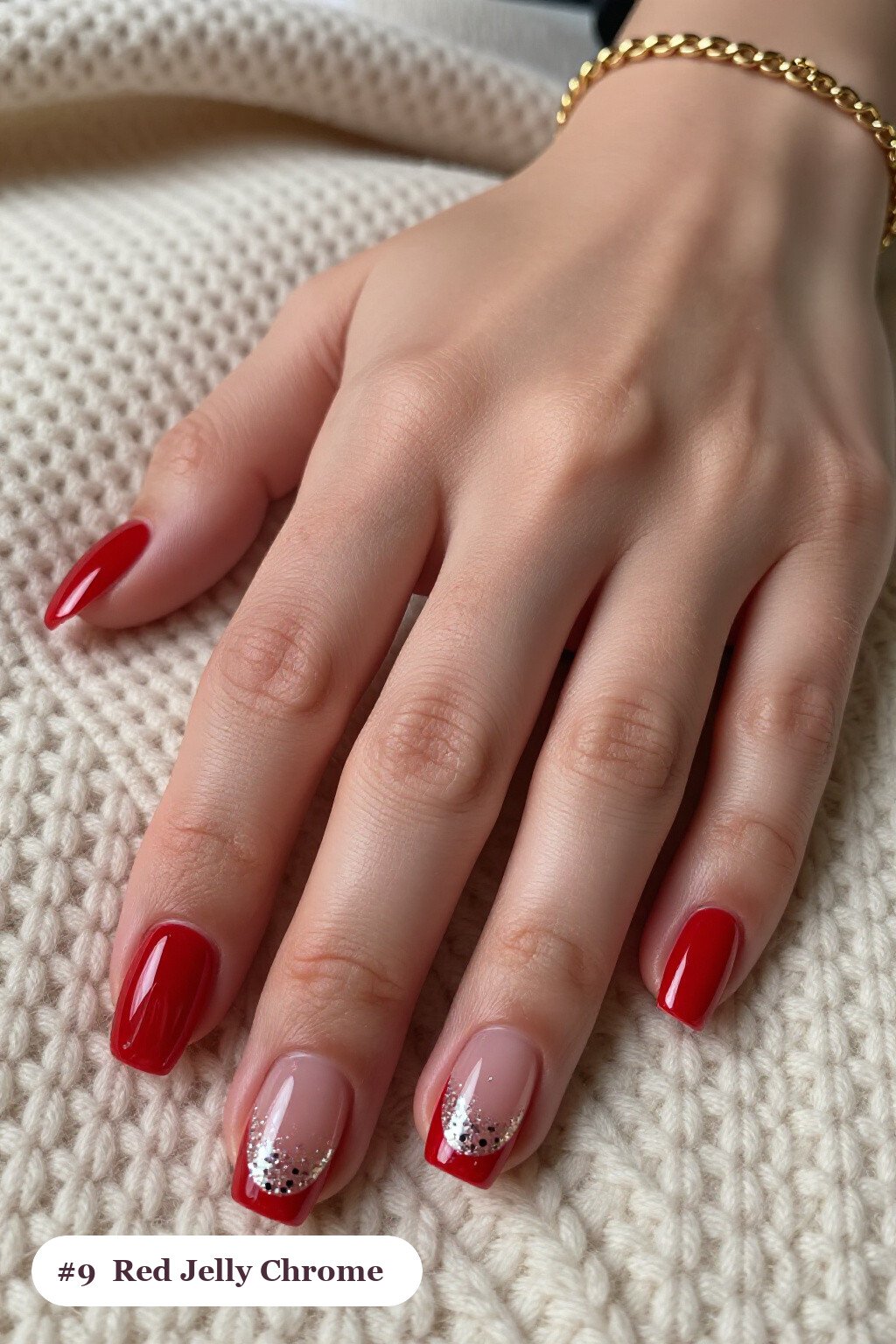 Short square red chrome nails with a liquid chrome mirror finish clearly visible on every nail, styled with a see-through jelly finish with encapsulated glitter, with silver details - red nails with chrome Short square red chrome nails with a liquid chrome mirror finish clearly visible on every nail, styled with a see-through jelly finish with encapsulated glitter, with silver details - red nails with chrome
