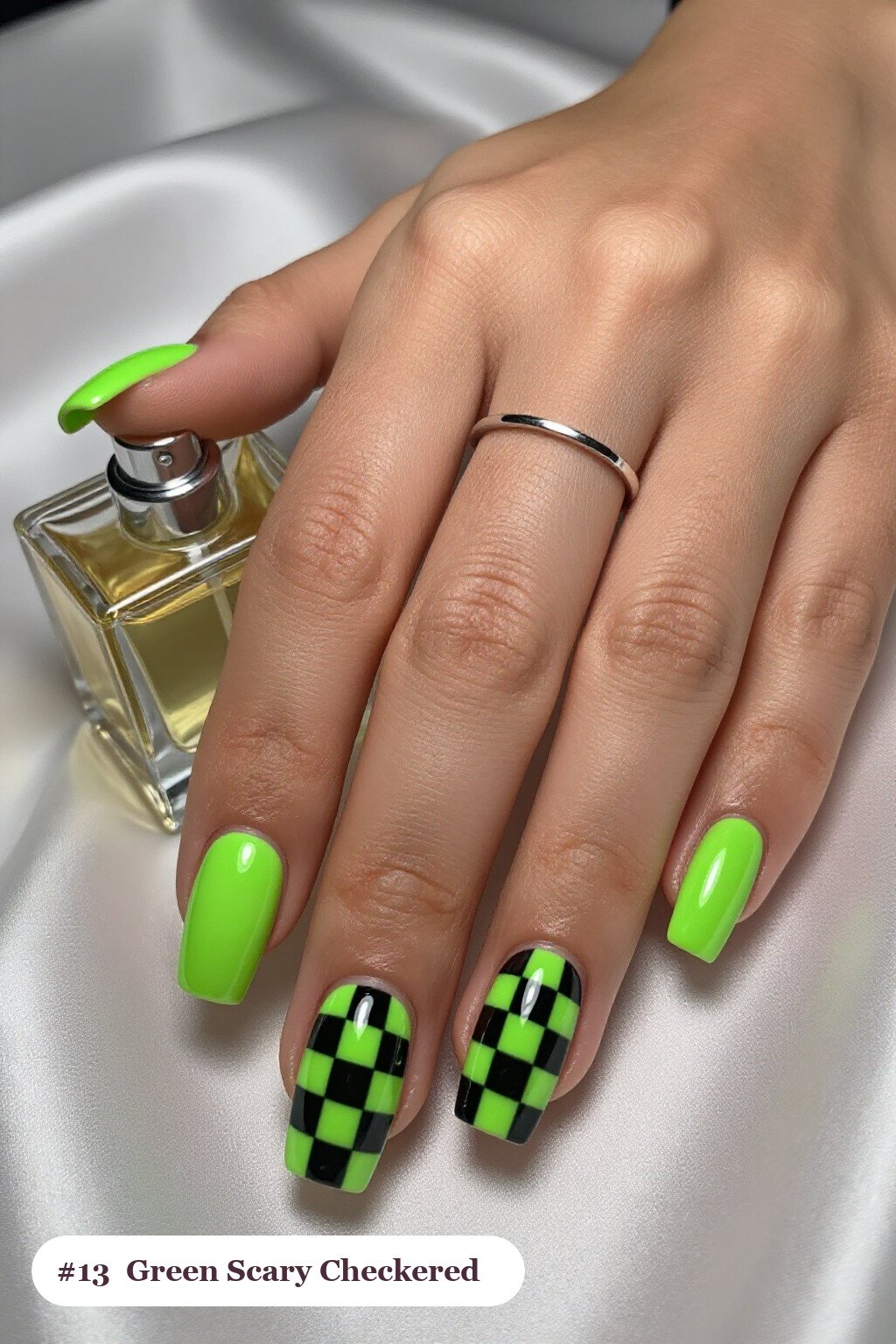Lime Green Checkerboard Square Nails - scary halloween nail designs
