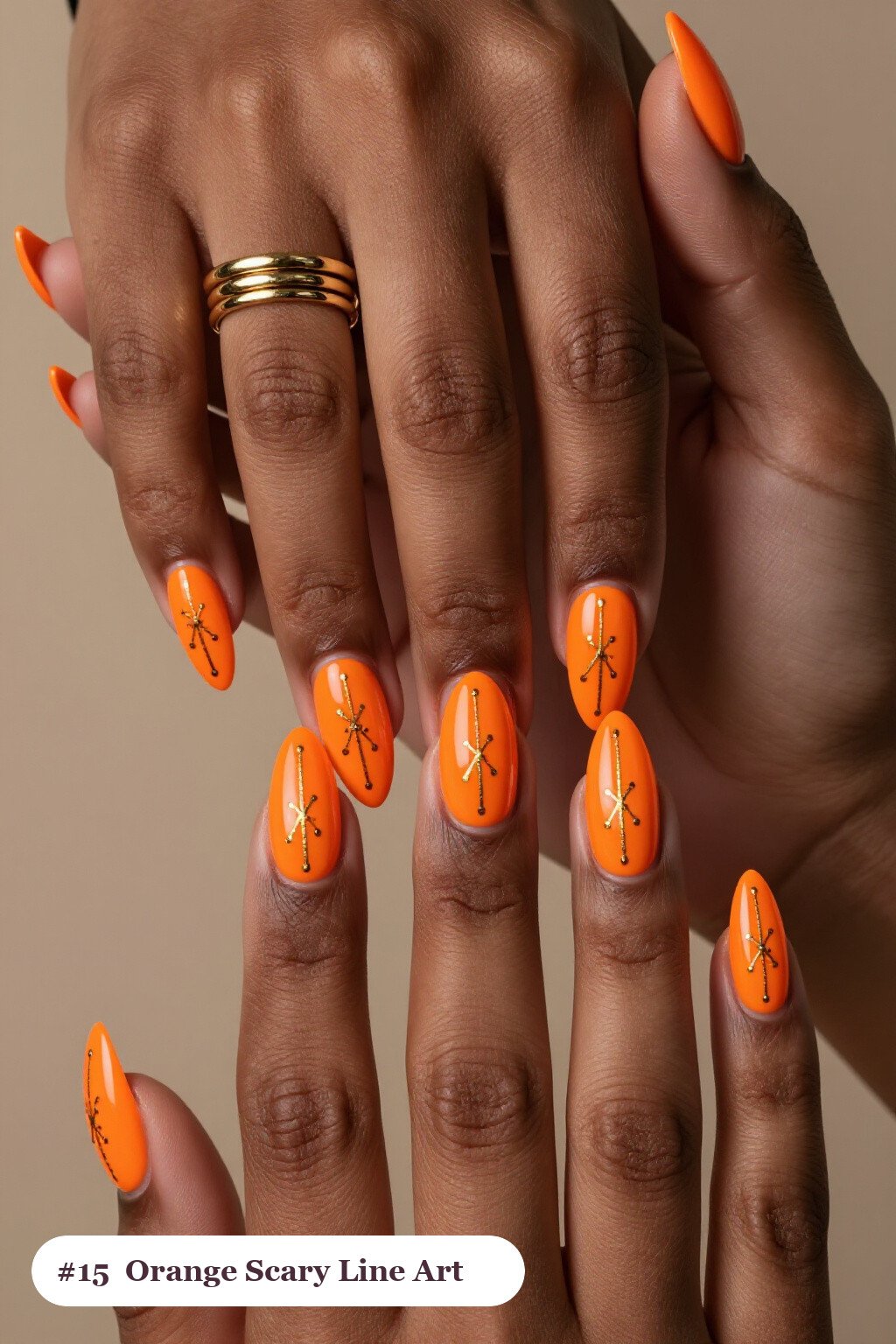 Orange Ballerina Nails with Fine Gold Line Art - scary halloween nail designs