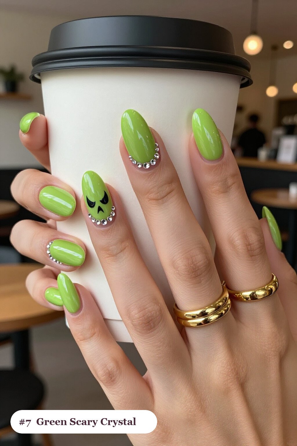 Lime Green Oval Nails with Crystal Rhinestone Rows - scary halloween nail designs